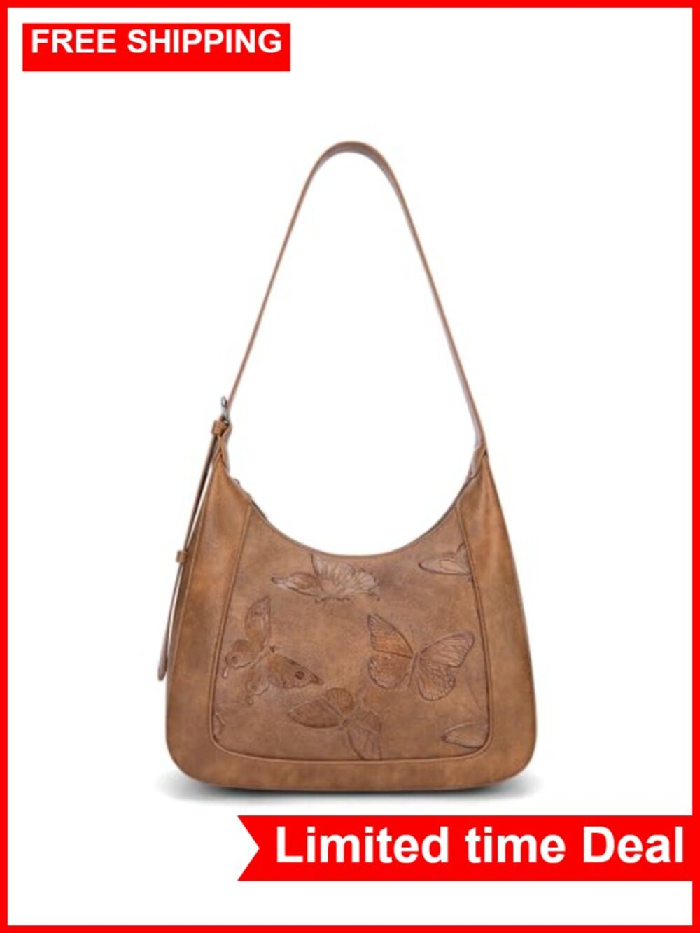Vegan Leather Butterfly Hobo Shoulder Bag with Adjustable Strap